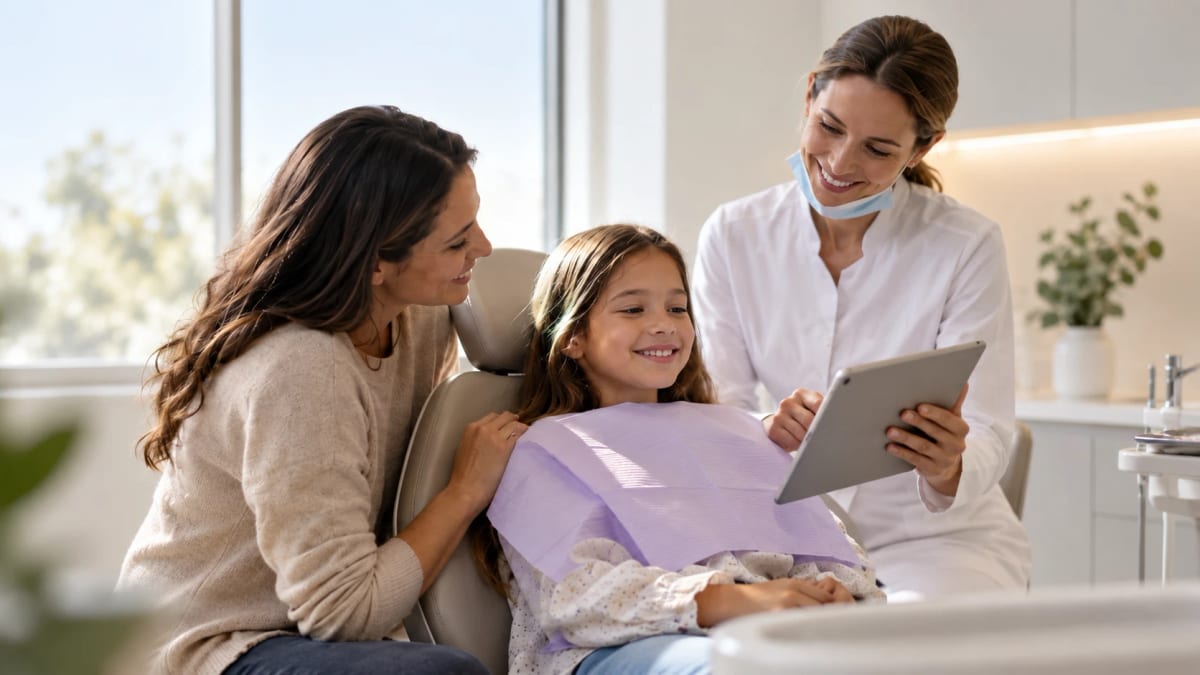 Menina sorridente na cadeira do dentista, com a mãe ao lado e a dentista mostrando um tablet