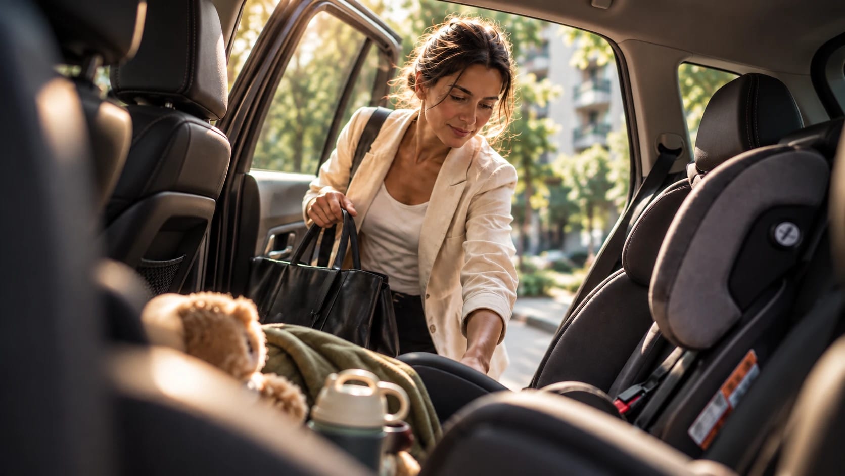 Mãe guardando a bolsa no banco de trás do carro, ao lado da cadeirinha infantil