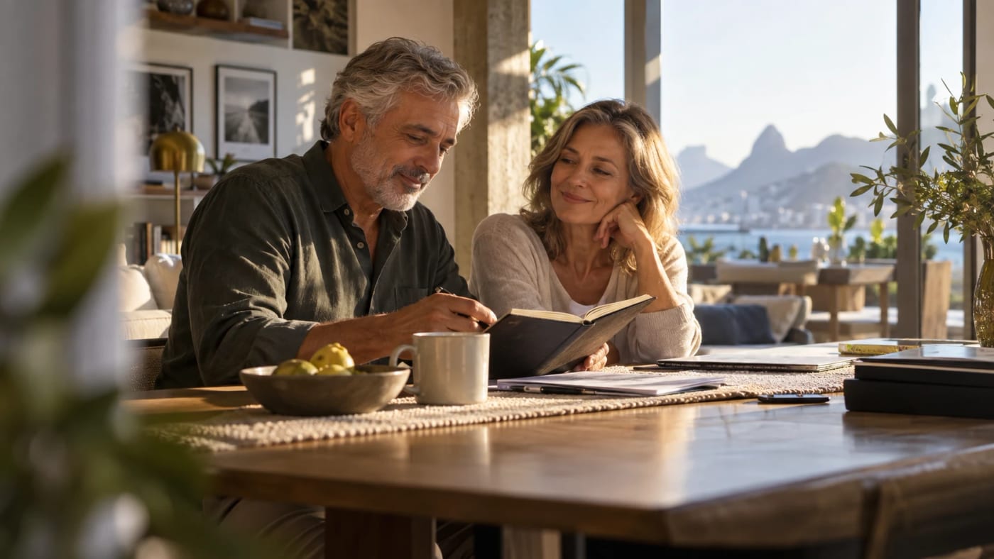 Casal sorridente fazendo anotações num caderno à mesa de casa, com vista para o mar